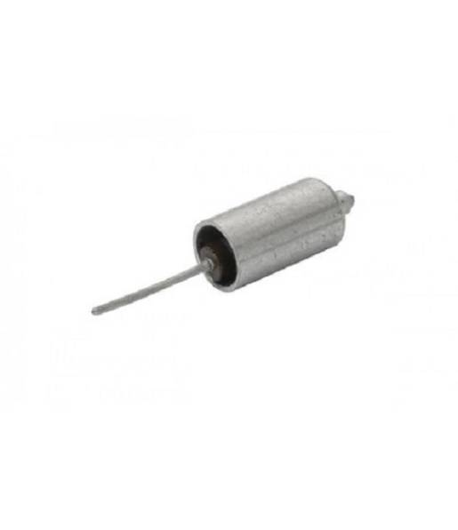 Ein kleiner zylindrischer DC-Motor mit Metallgehäuse und einem einzelnen herausragenden Kabel, der in elektronischen Anwendungen zur Rotation verwendet wird.