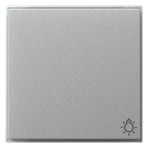 Ein silberner Lichtschalter mit einem kleinen Glühbirnen-Symbol in der unteren rechten Ecke, das anzeigt, dass er zur Steuerung der Beleuchtung dient.