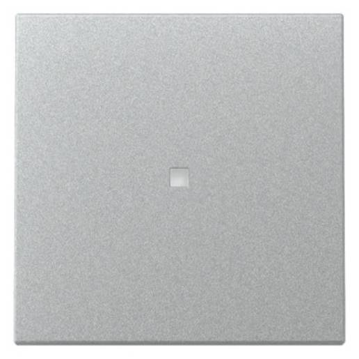 Ein metallisches quadratisches Panel mit einer kleinen zentralen quadratischen Vertiefung, das ein minimalistisches Design präsentiert.