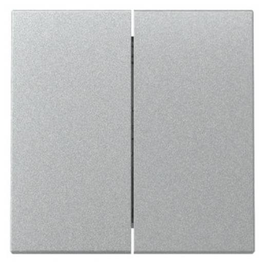 Eine Nahaufnahme eines silbernen metallischen Doppellichtschalters mit minimalistischem Design.