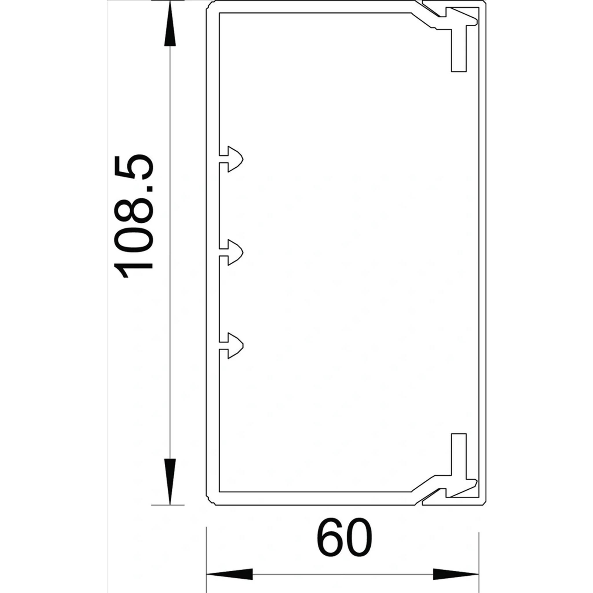 Technisches Diagramm eines rechteckigen Rahmenprofils mit einer Höhe von 108,5 und einer Breite von 60, mit angezeigten Querschnittsdetails.