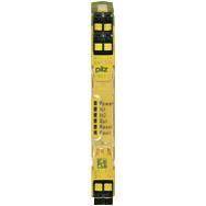 Ein gelbes elektronisches Sicherheitsrelaisgerät mit mehreren schwarzen und grünen Anschlussports und Beschriftungen, das zur Überwachung und Steuerung verwendet wird.