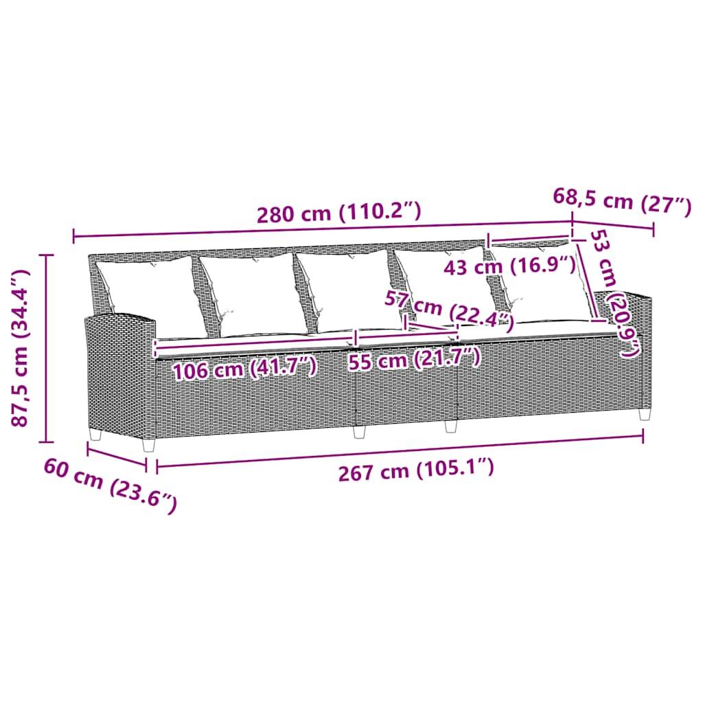 vidaXL Gartensofa 5-Sitzer mit Kissen Schwarz Poly Rattan