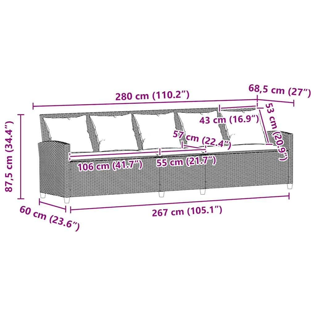 vidaXL Gartensofa 5-Sitzer mit Kissen Braun Poly Rattan