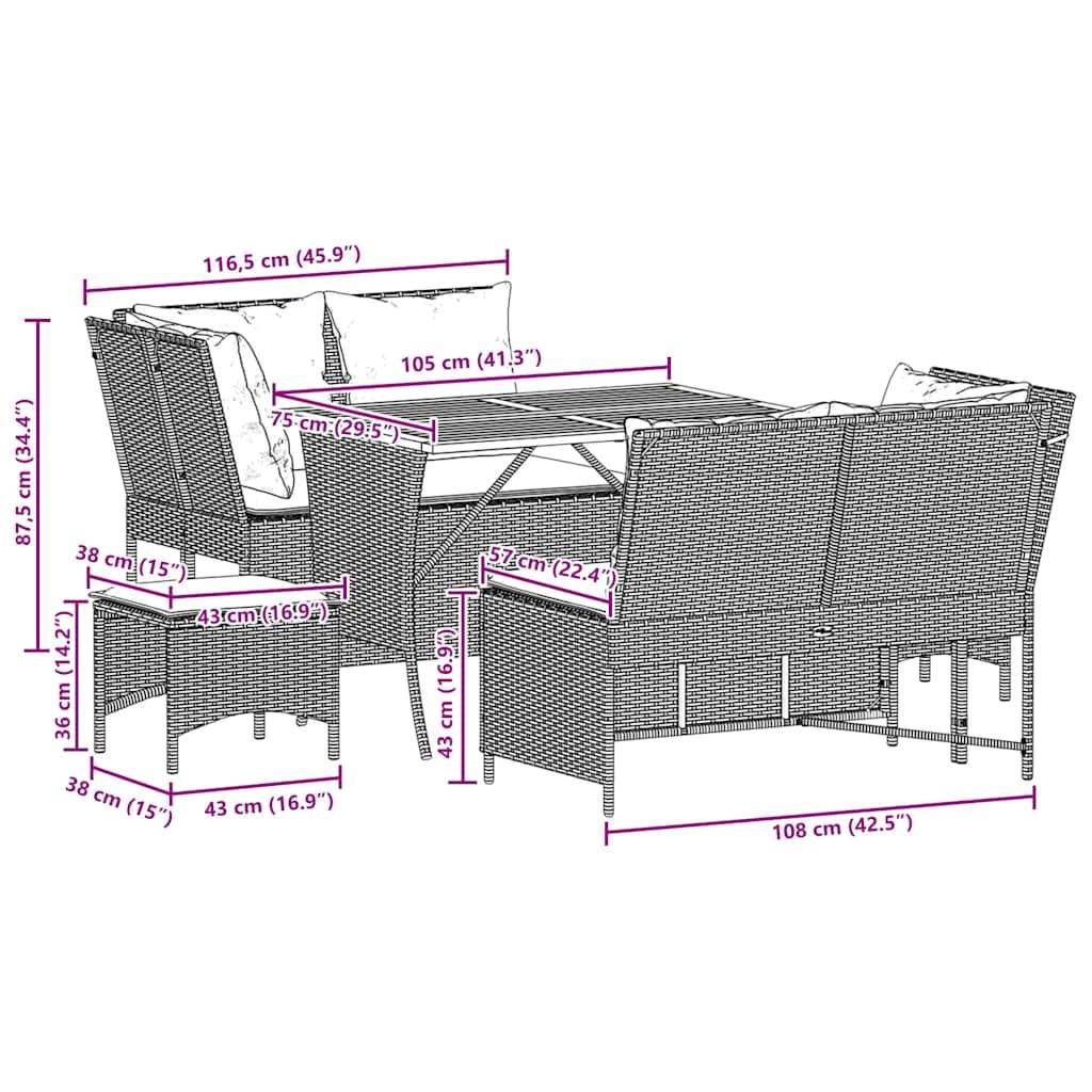 vidaXL 5-tlg. Garten-Sofagarnitur mit Kissen Grau Poly Rattan