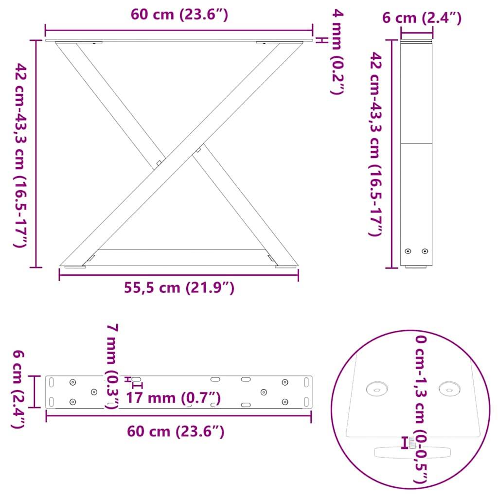 vidaXL Couchtischbeine 2 Stk. Naturstahl 60x(42-43,3) cm Stahl