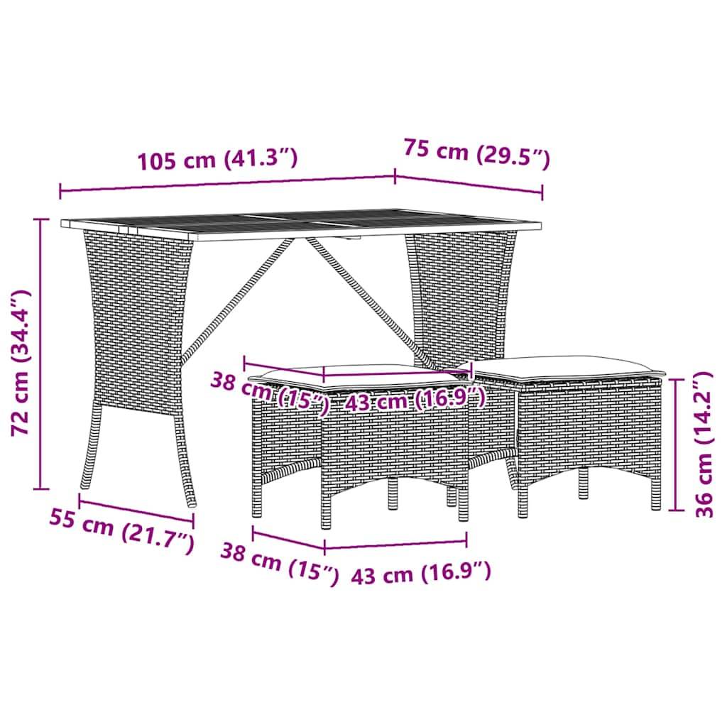 vidaXL 3-tlg. Garten-Essgruppe mit Kissen Schwarz Poly Rattan
