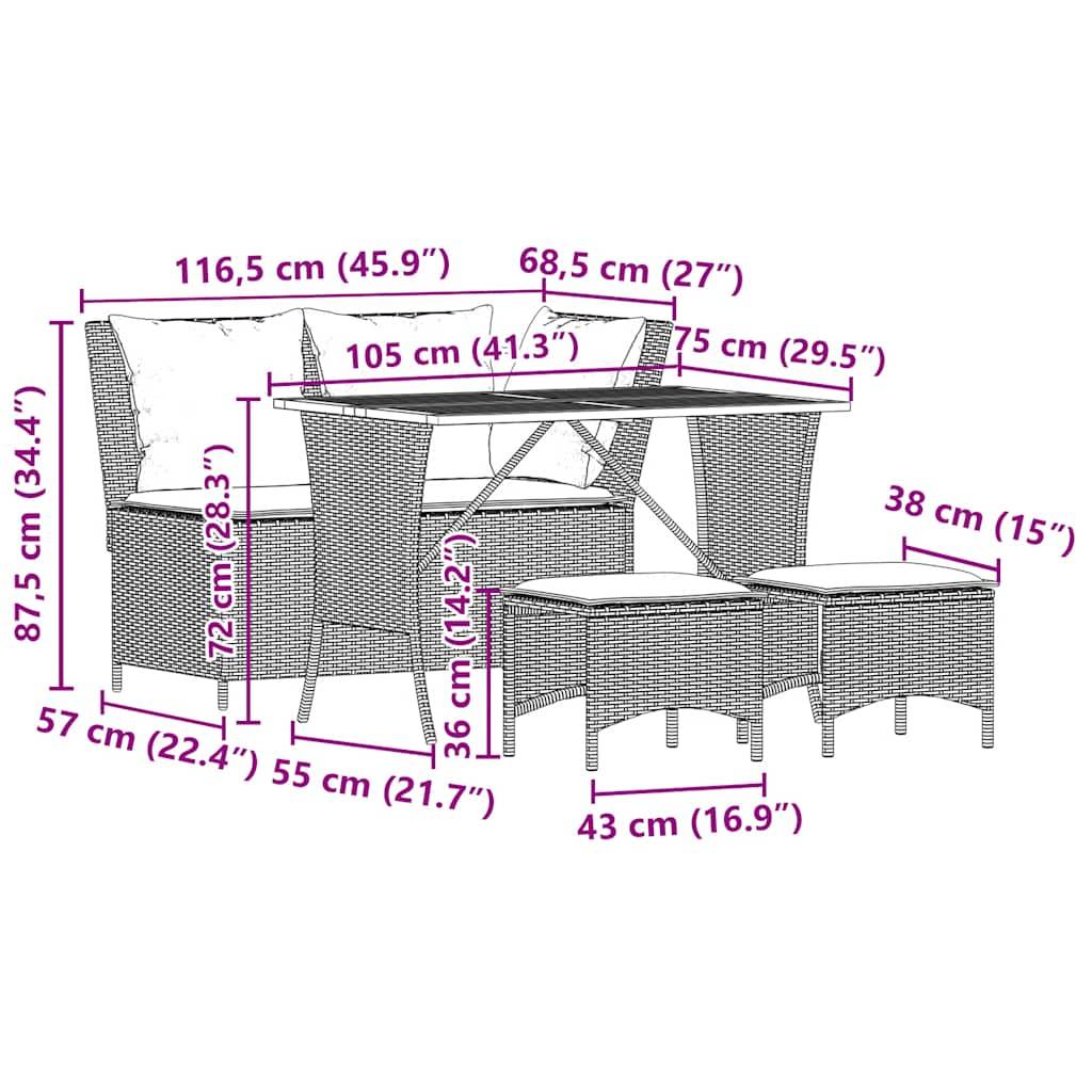 vidaXL 4-tlg. Garten-Essgruppe mit Kissen Grau Poly Rattan