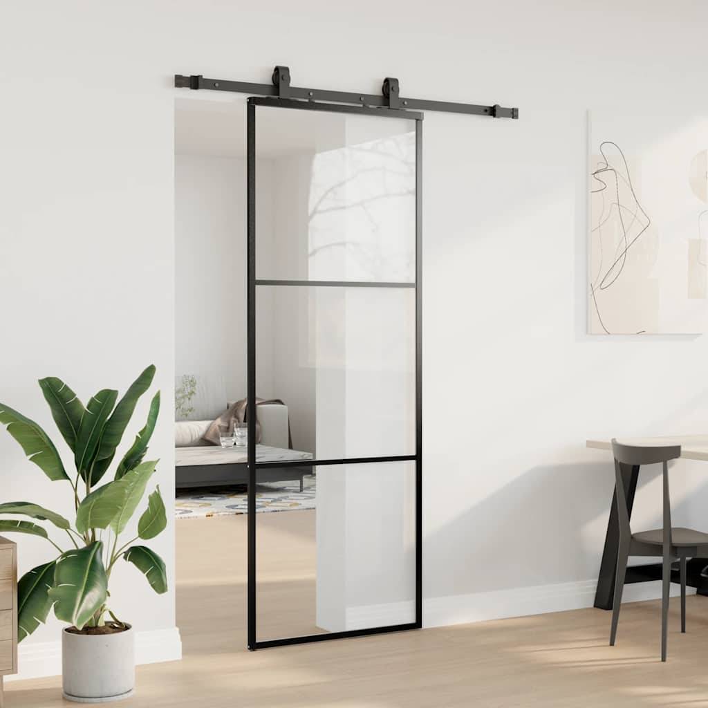 vidaXL Schiebetür mit Beschlag Schwarz 76x205 cm ESG-Glas