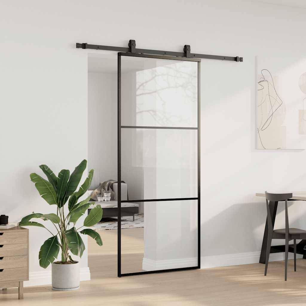 vidaXL Schiebetür mit Beschlag Schwarz 90x205 cm ESG-Glas