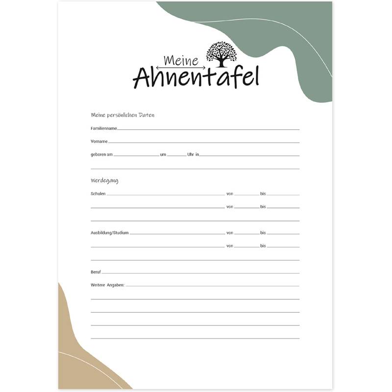 Eine dekorative Ahnentafel mit dem Titel 'Meine Ahnentafel.' Enthält Abschnitte für persönliche Angaben, Bildung, Beruf und zusätzliche Notizen.