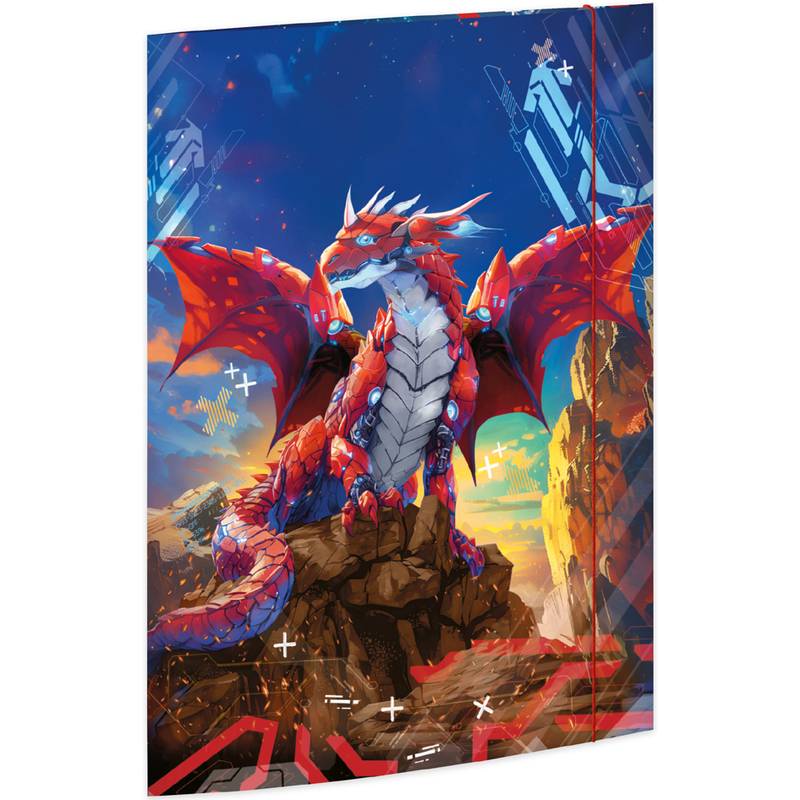 Eine lebhafte Illustration eines roten Drachens, der auf felsigem Gelände sitzt, unter einem leuchtenden Sonnenuntergangshimmel. Die Flügel des Drachens sind weit ausgebreitet und zeigen seine majestätische Präsenz.