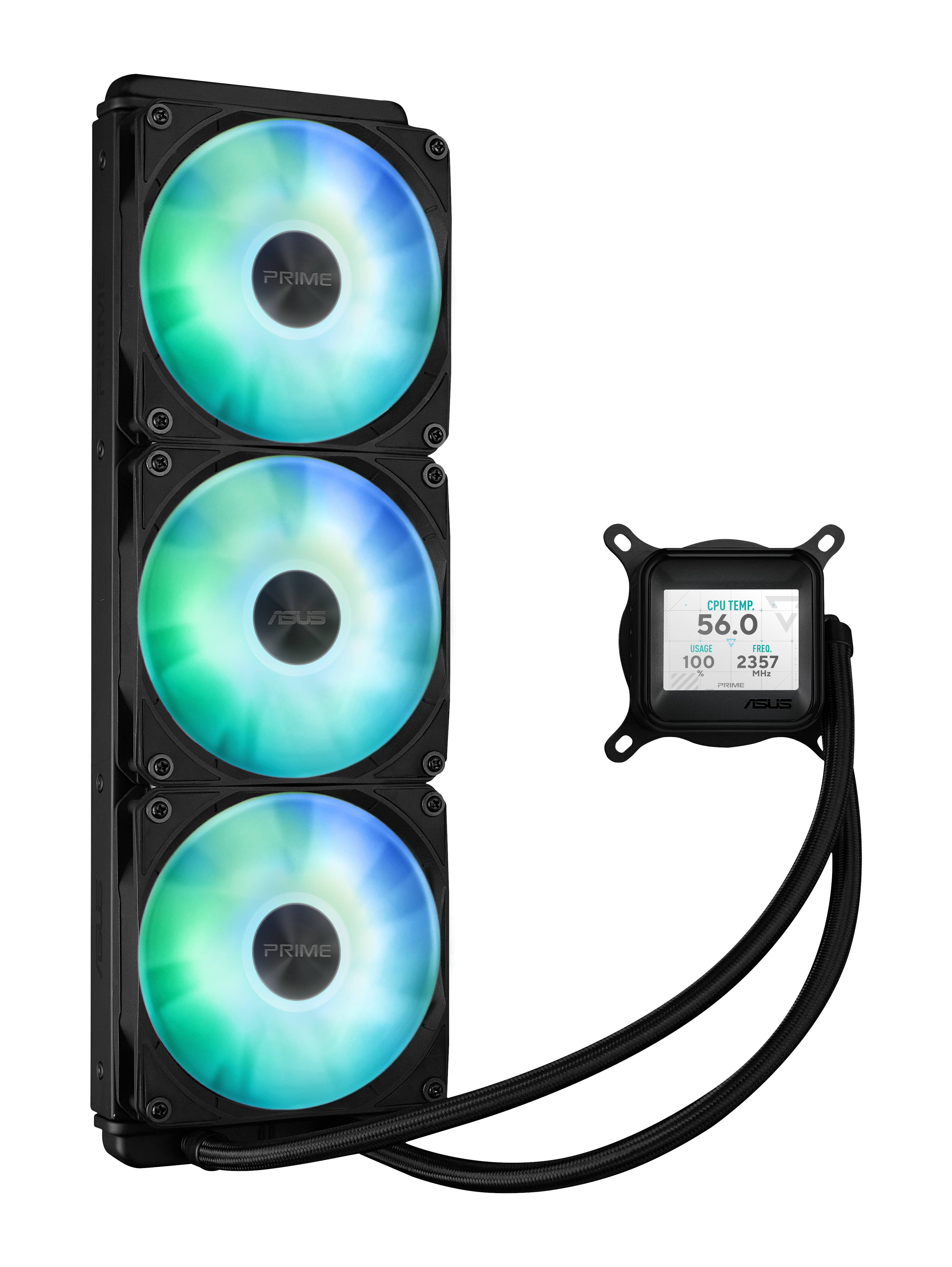 Drei beleuchtete PC-Kühlventilatoren und ein kleines quadratisches Display-Monitor, die durch Schläuche verbunden sind und ein Flüssigkeitskühler-System auf schwarzem Hintergrund zeigen.