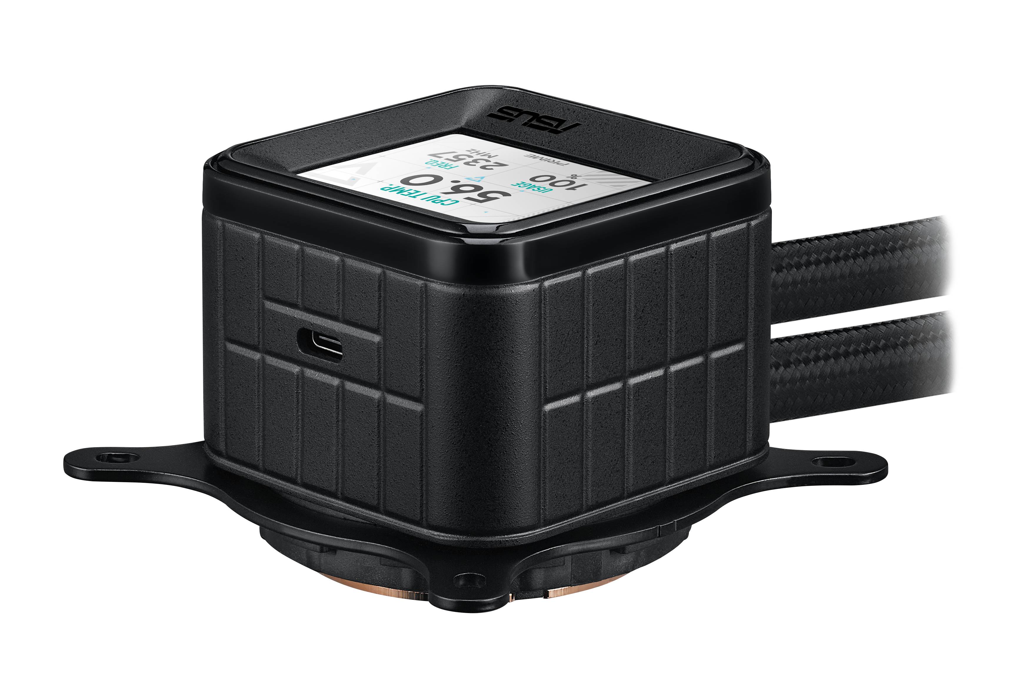 Schwarzes elektronisches intelligentes Stromnetz-Messgerät mit kleinem Display und zwei angeschlossenen Kabeln, montiert auf einer runden Basis vor schwarzem Hintergrund.