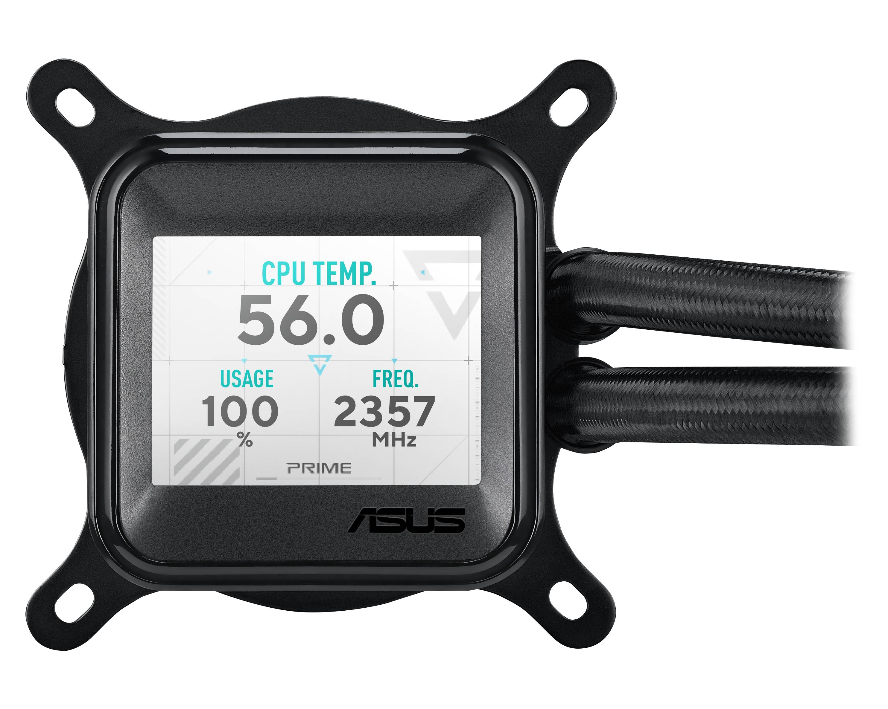 ASUS Flüssigkühlungs-CPU-Kühler Pumpenanzeigezeigt CPU-Temperatur 56,0, Auslastung 100% und Frequenz 2357 MHz auf schwarzem Hintergrund