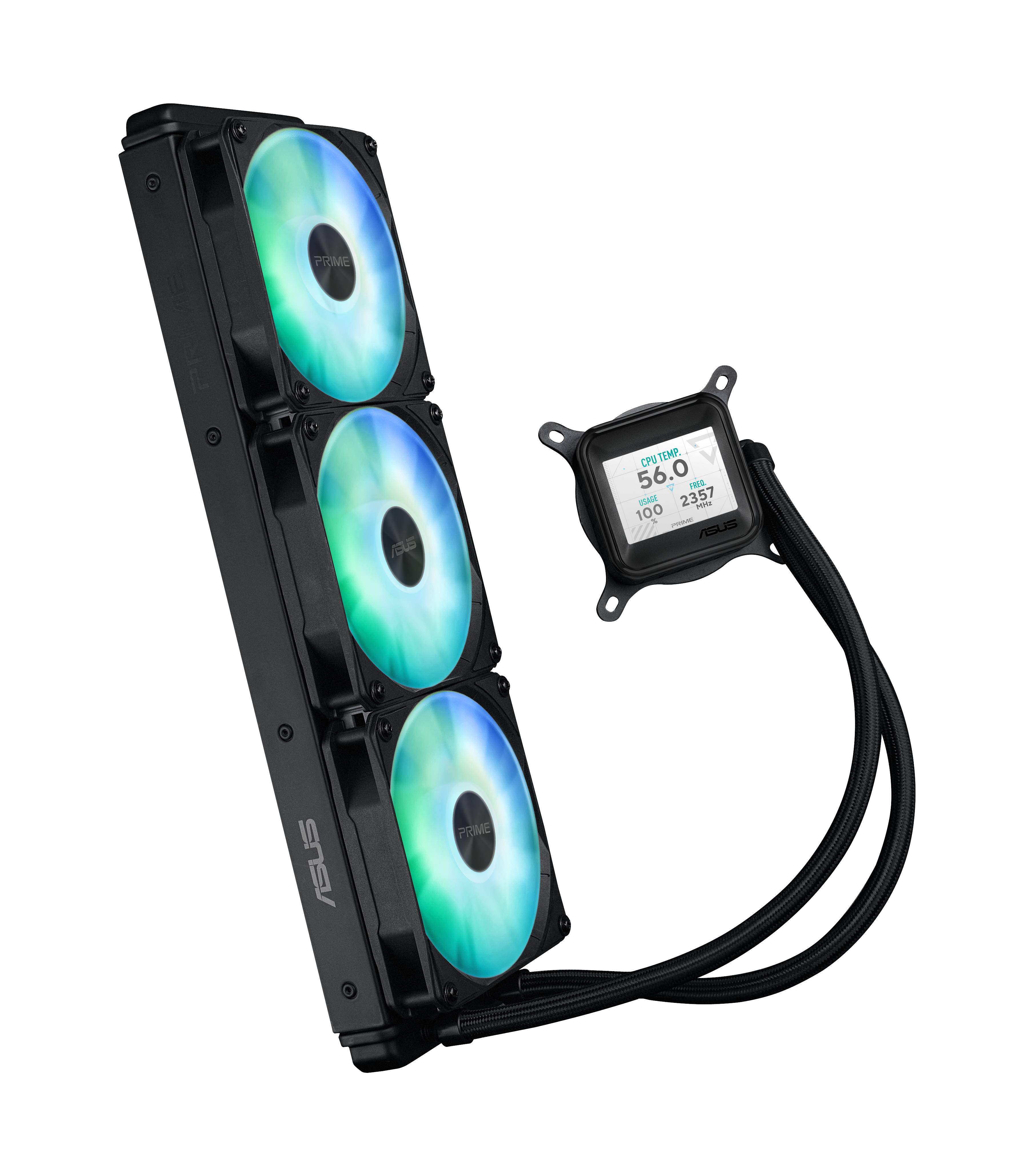 ASUS Flüssig-CPU-Kühler mit drei RGB-Lüftern und kleinem LCD-Pumpendisplay, das 56,0 anzeigt, auf schwarzem Hintergrund.