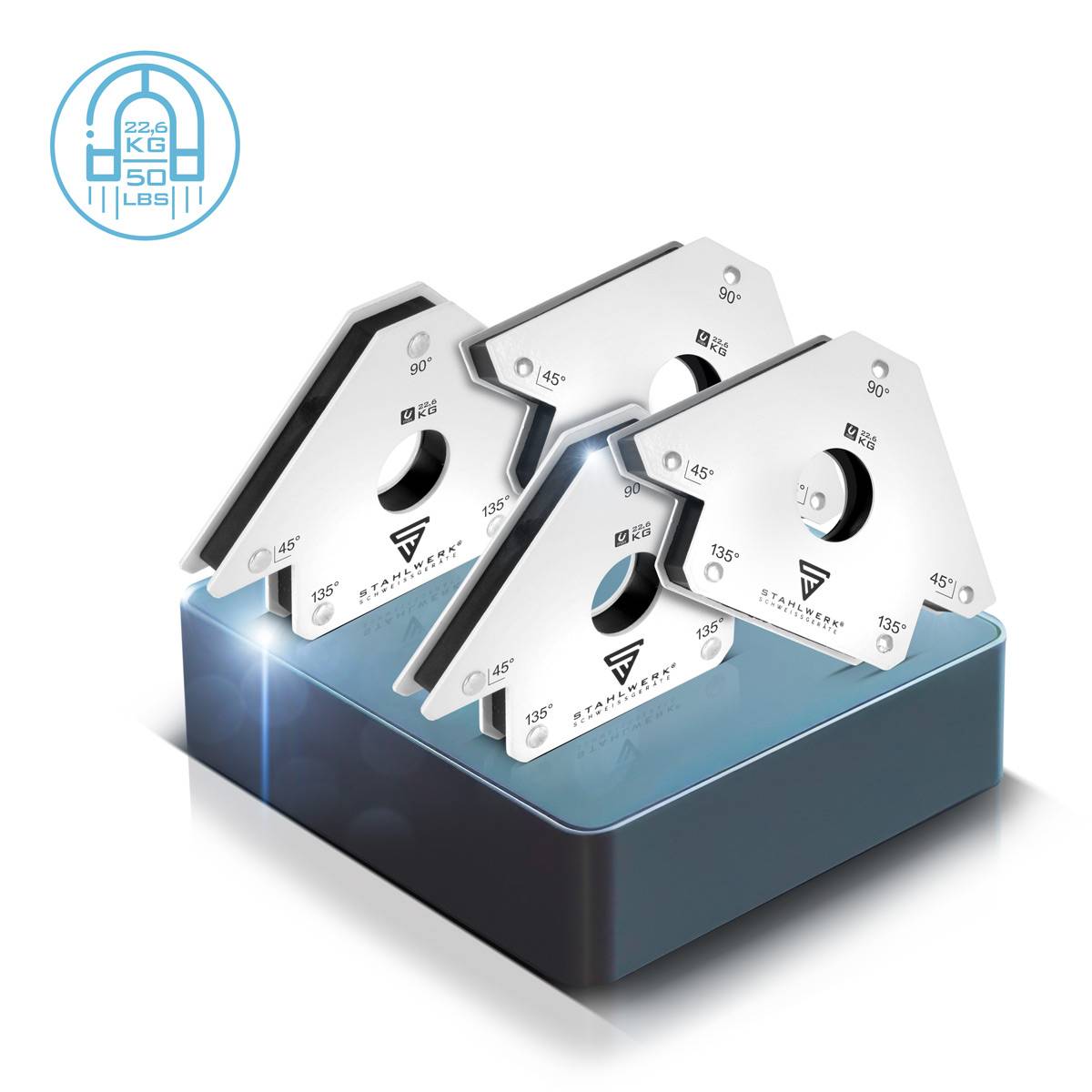STAHLWERK 4 x Magnet-Schweißwinkel 45° x 90° x 135°, 22,6 kg / 50 lbs 4er Set