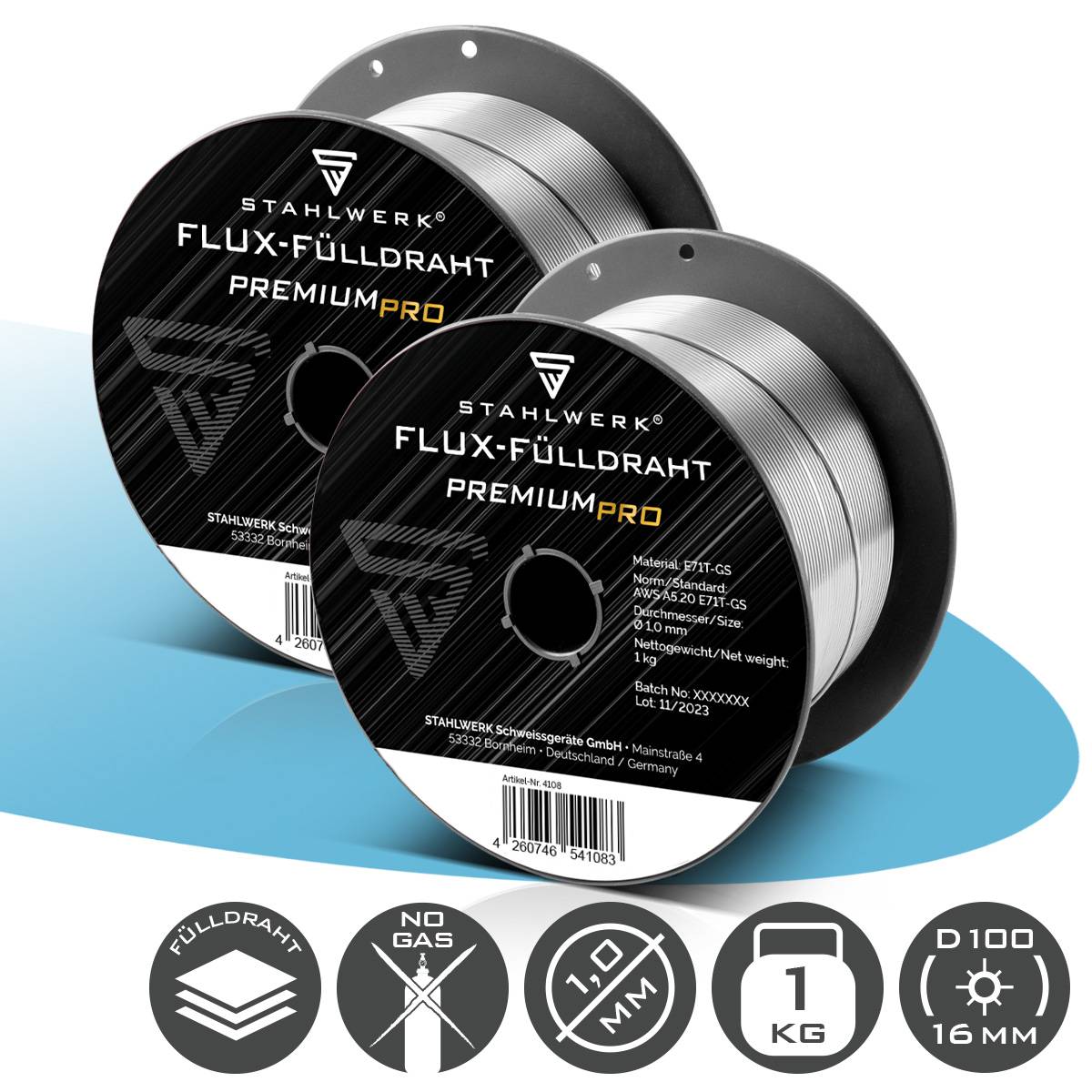 Zwei Spulen 'STAHLWERK Flux-Fülldraht PremiumPro', 1,0 mm Durchmesser, je 1 kg. Überlappende kreisförmige Darstellung mit Produktdetails.