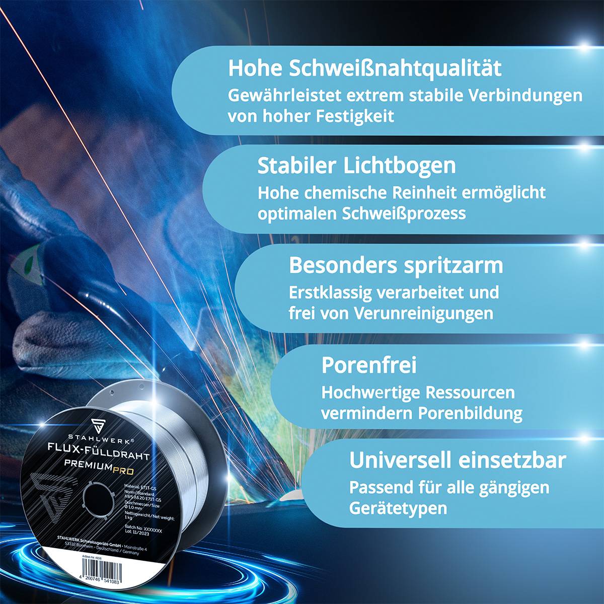 STAHLWERK Fülldraht 2er Set FLUX E71T-GS 1,0 mm 1 kg Drahtrolle D100 MIG MAG