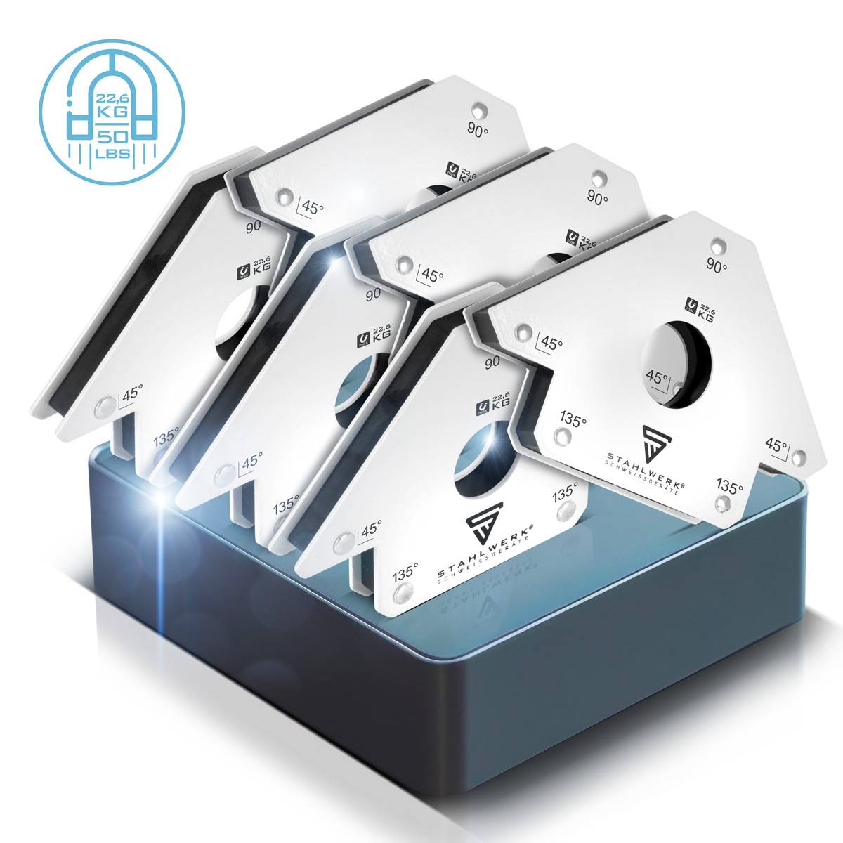 STAHLWERK 6 x Magnet-Schweißwinkel 45° x 90° x 135°, 22,6 kg / 50 lbs 6er Set