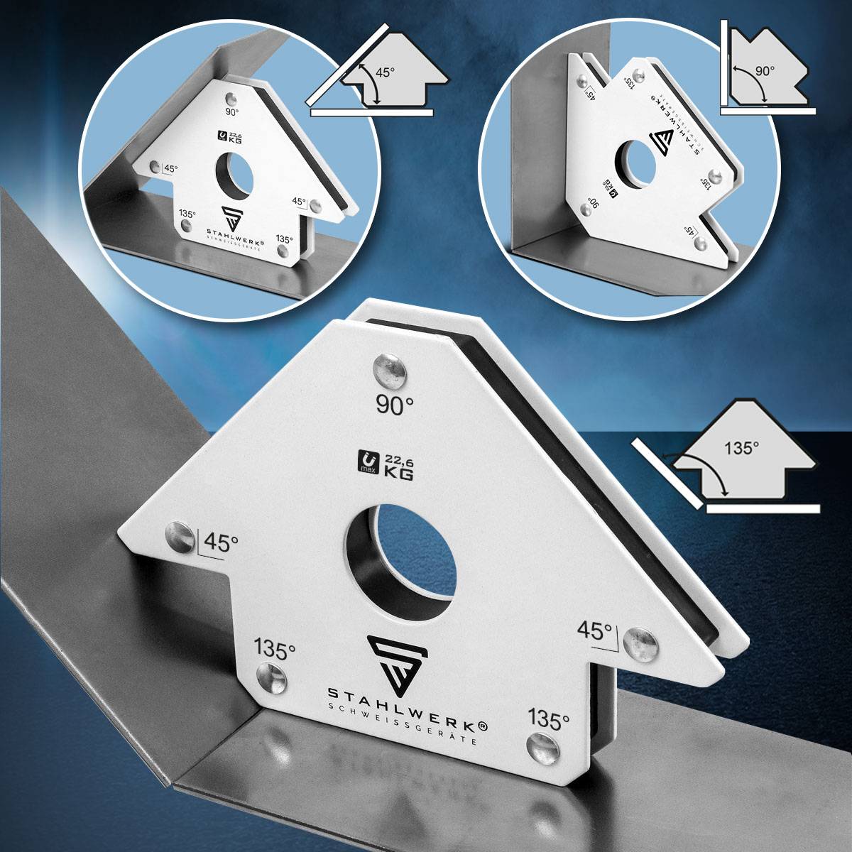 STAHLWERK 6 x Magnet-Schweißwinkel 45° x 90° x 135°, 22,6 kg / 50 lbs 6er Set