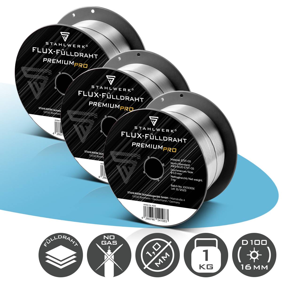 Drei Spulen 'STAHLWERK Flux-Fülldraht PremiumPro' Schweißdraht. Enthält Symbole für Flussmittelfülldraht, ohne Gas, 1,0 mm Durchmesser, 1 kg Gewicht, D100 und 16 mm Messung.