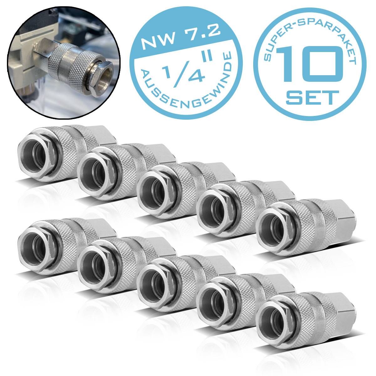 STAHLWERK 10er Set Druckluft-Schnellkupplung NW 7.2 mit 1/4 Zoll Außengewinde