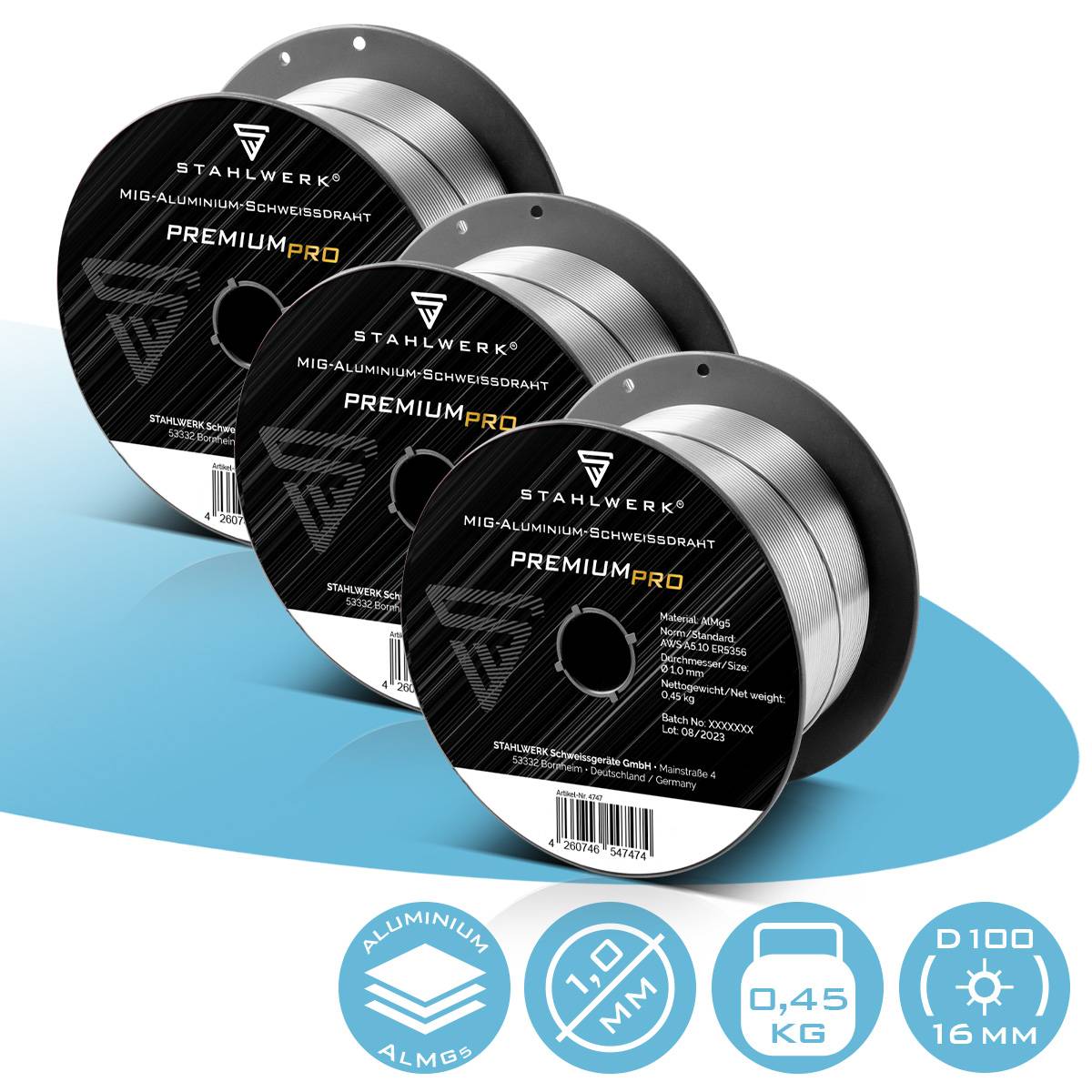 STAHLWERK 3 x Schweißdraht MIG MAG Aluminium ER5356 AlMg5 1,0 mm 0,45 kg Rolle