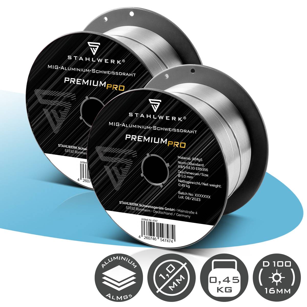 Aluminium-Schweißdrahtspulen mit der Bezeichnung STAHWERK PREMIUM PRO. 1,0mm, 0,45kg, D100, 16mm.