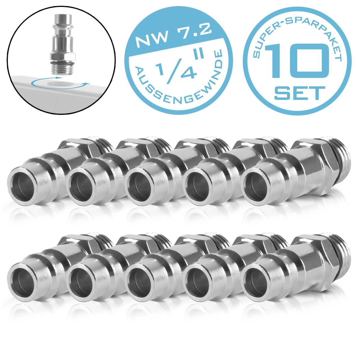 STAHLWERK 10er Set Druckluft-Schnellkupplung Stecknippel NW 7.2 1/4 Zoll