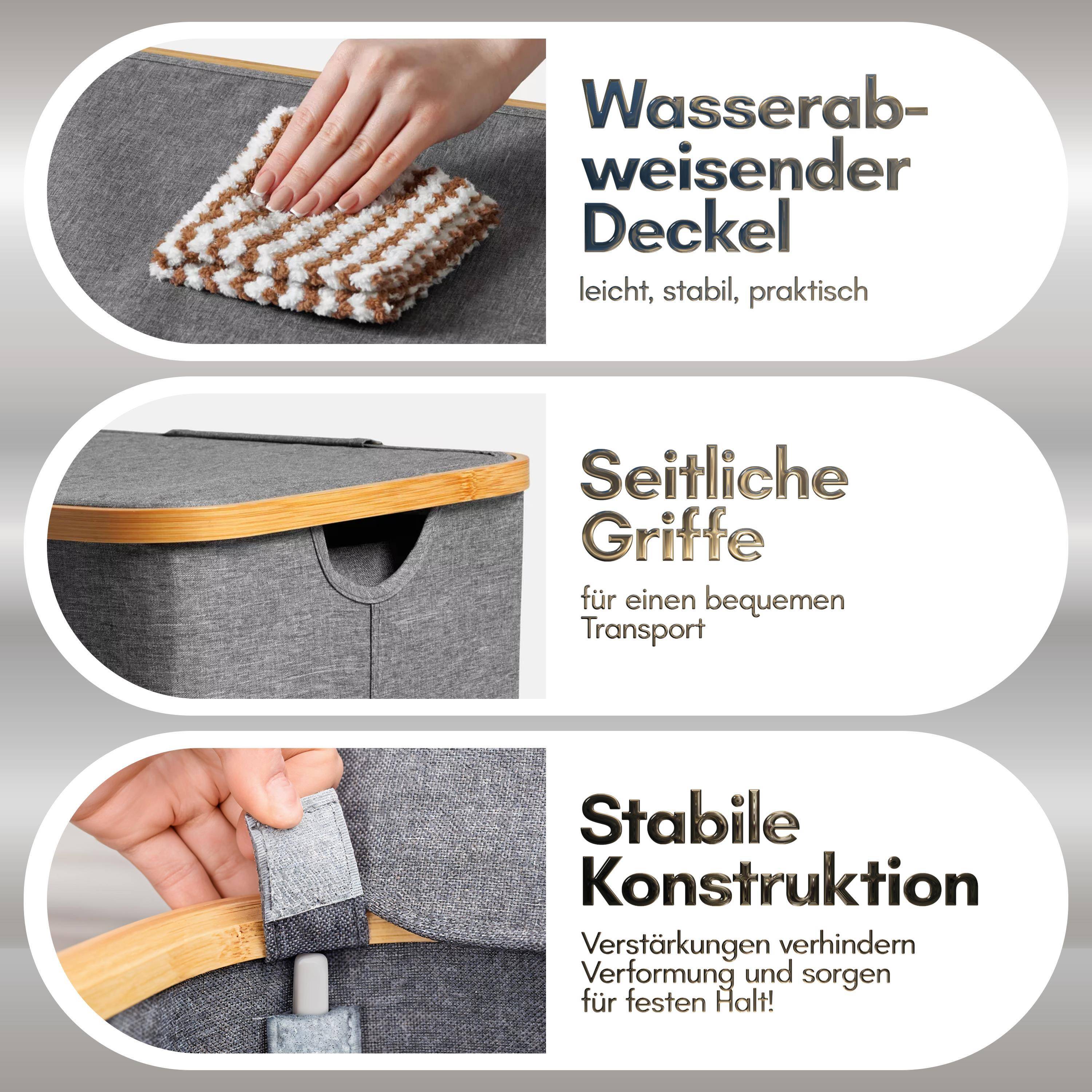 Wasserabweisender Deckel, leicht, stabil, praktisch.' Ein Stoff wird abgewischt. 'Seitliche Griffe für einen bequemen Transport.' Graue Box mit Griffen. 'Stabile Konstruktion.' Eine Hand schließt einen Deckel.