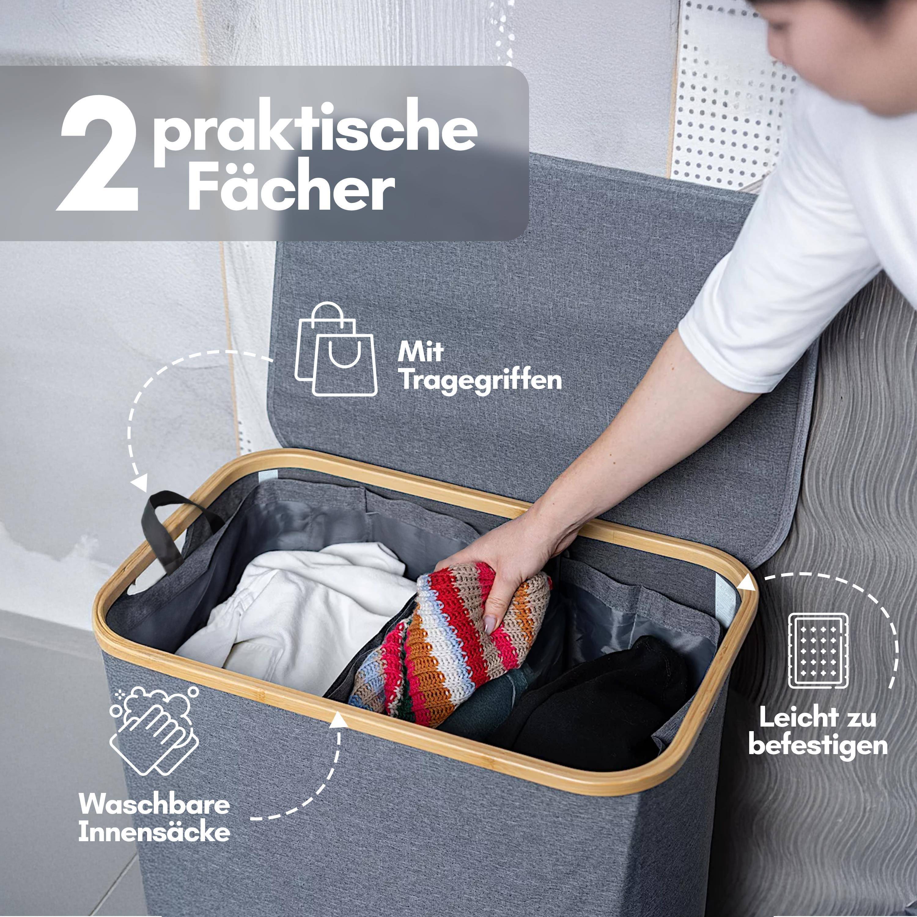 Ein 2-fächriger Wäschekorb mit Griffen zum leichten Transport und herausnehmbaren Innentaschen