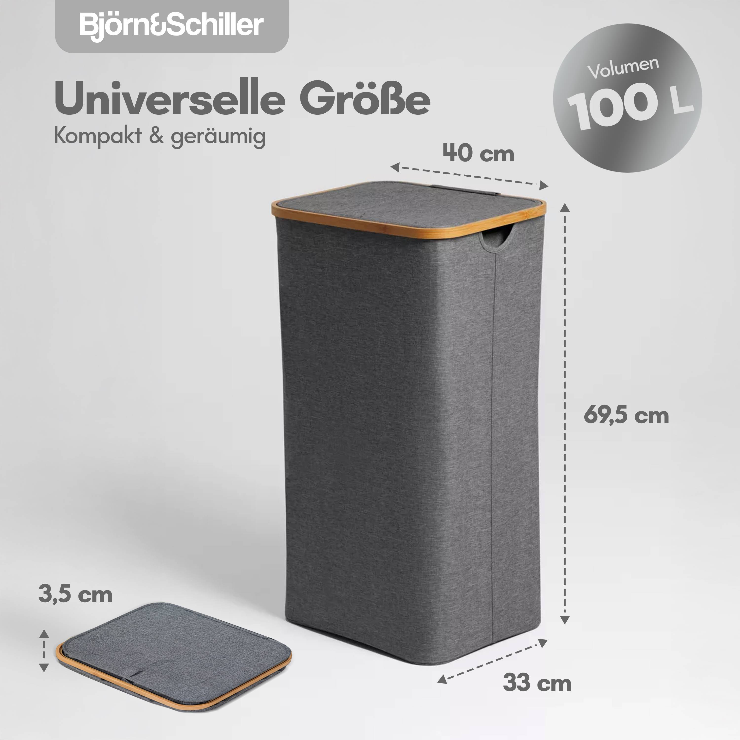 Björn&Schiller Wäschepuff mit Deckel, 2 Fächer, Wäschekorb 100L, grau, aus Oxford-Gewebe, stabile Form, mit waschbaren Innentaschen