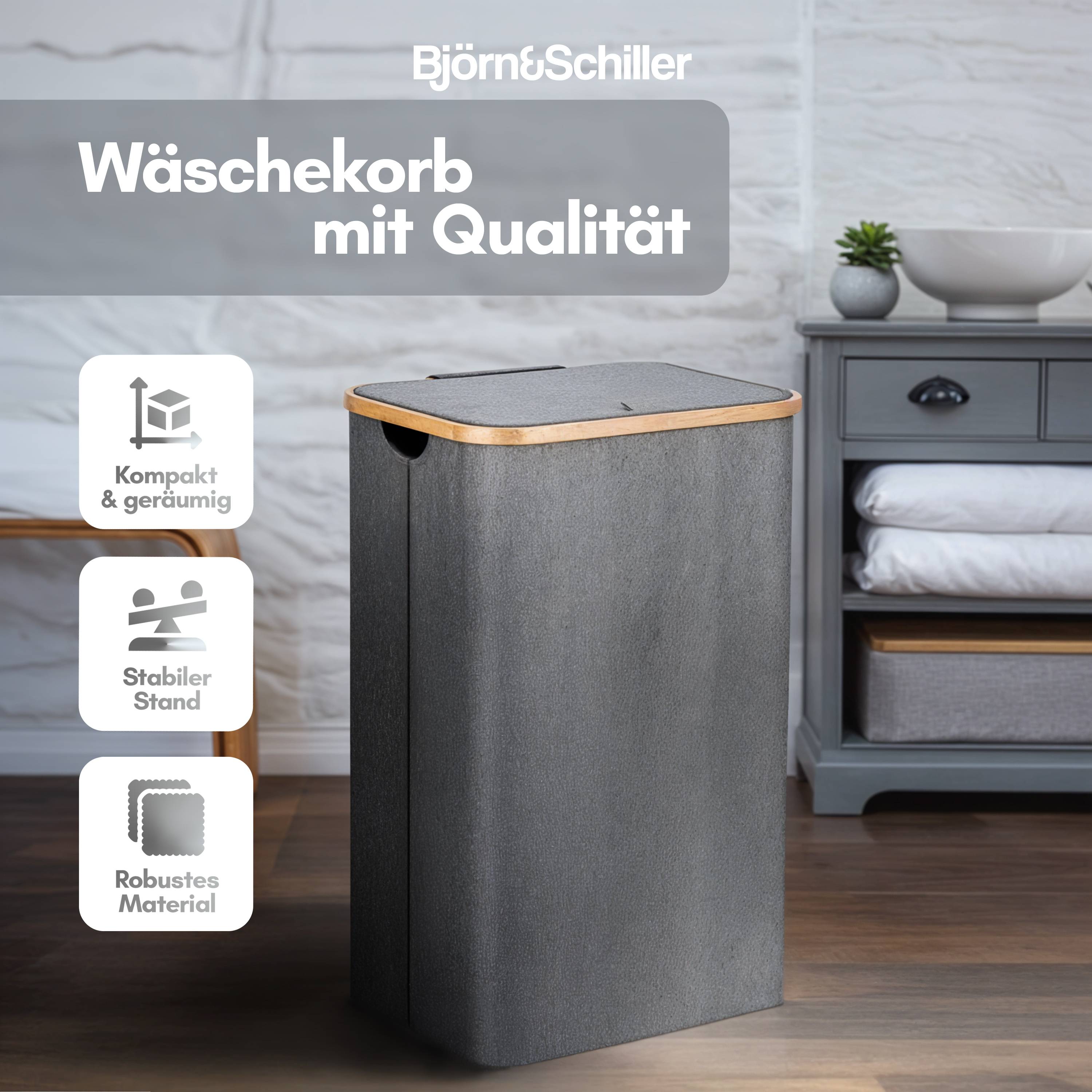Björn&Schiller Wäschepuff mit Deckel, 2 Fächer, Wäschekorb 100L, grau, aus Oxford-Gewebe, stabile Form, mit waschbaren Innentaschen