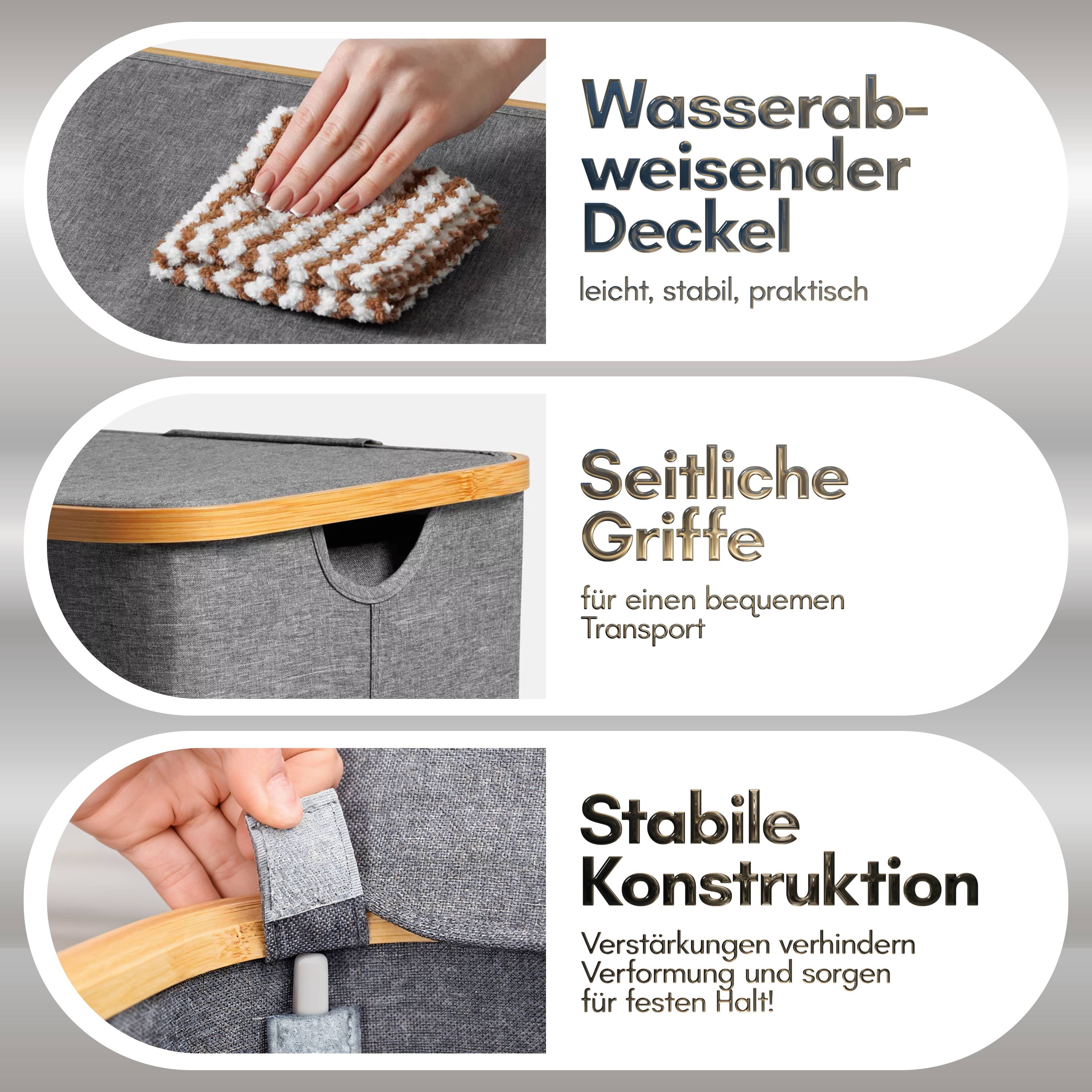 Björn&Schiller Wäschepuff mit Deckel, 2 Fächer, Wäschekorb 100L, grau, aus Oxford-Gewebe, stabile Form, mit waschbaren Innentaschen