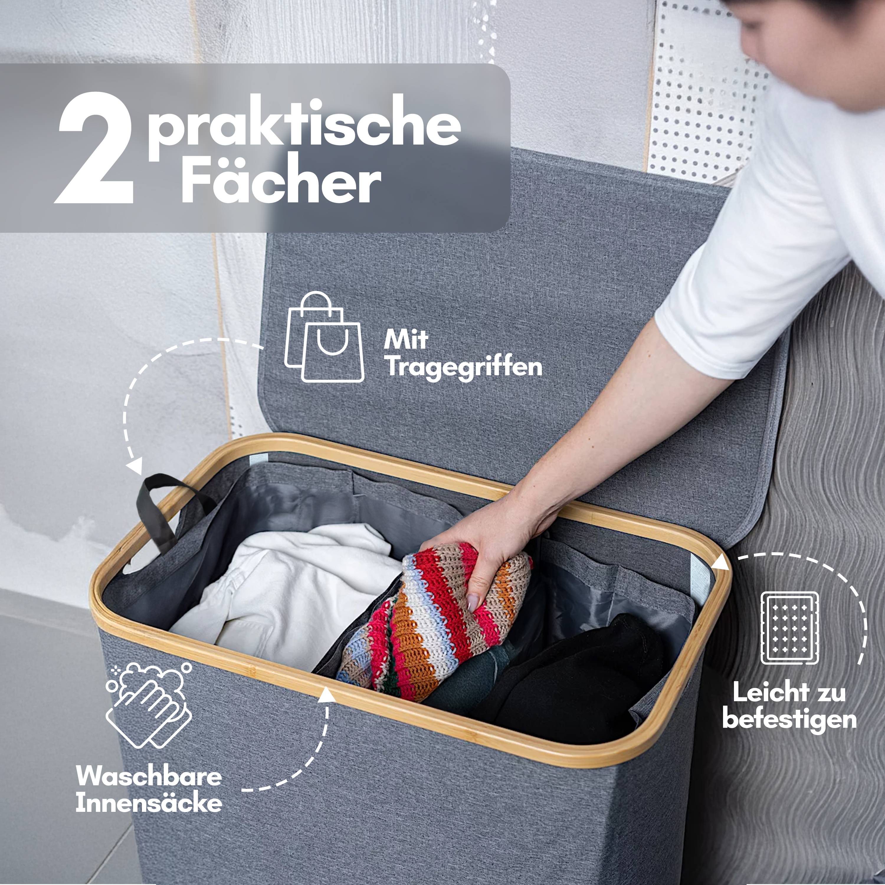 Björn&Schiller Wäschepuff mit Deckel, 2 Fächer, Wäschekorb 100L, grau, aus Oxford-Gewebe, stabile Form, mit waschbaren Innentaschen