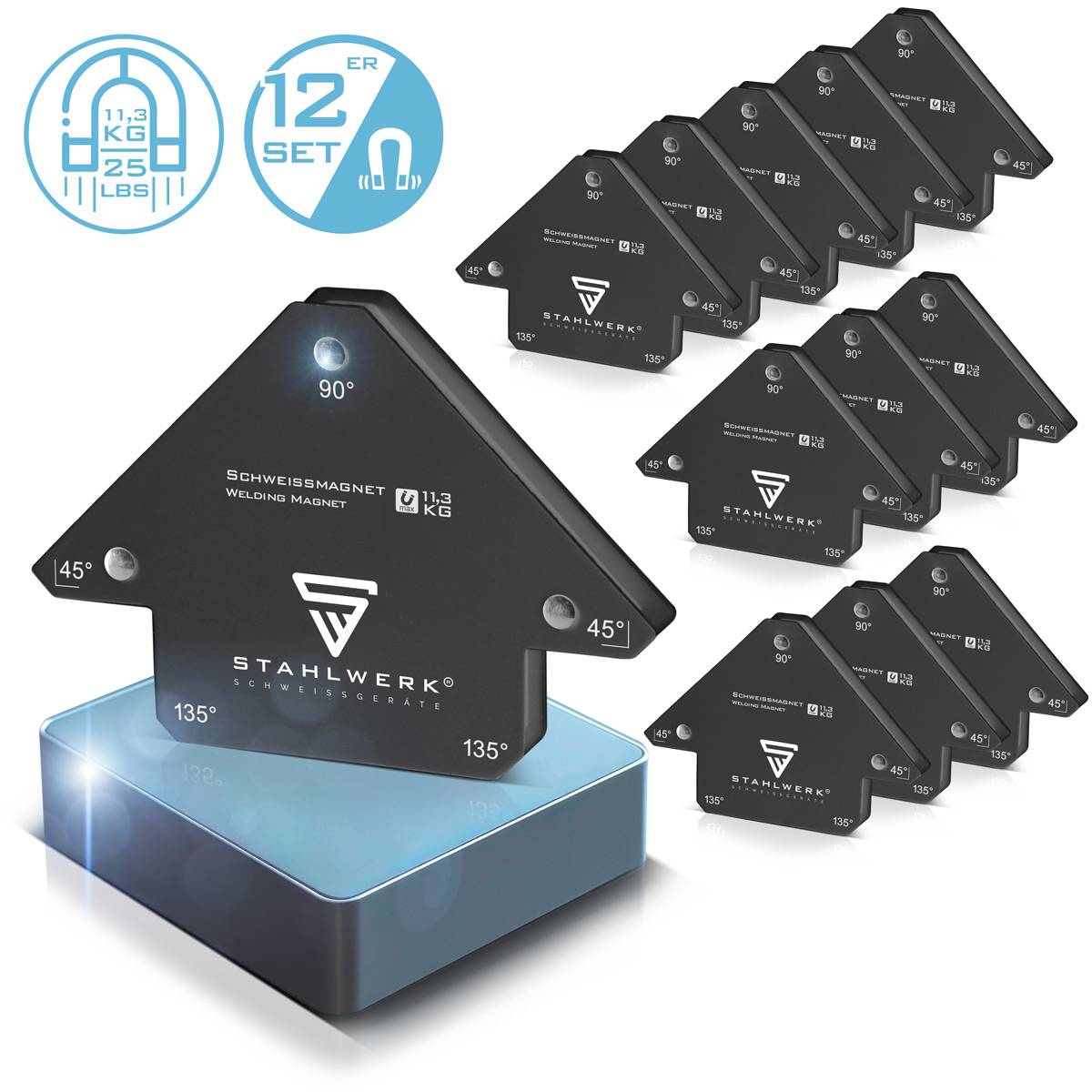STAHLWERK 12er Set Schweißwinkel Magnet 11,3kg 25lbs Schweißmagnet