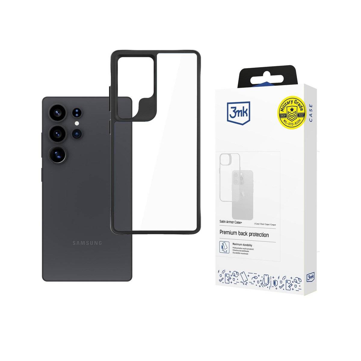 3mk Schutzhülle für Samsung Galaxy Smartphone' mit Verpackung gezeigt. Die Hülle ist schwarz mit transparentem Rücken und betont den Premium-Rückenschutz.