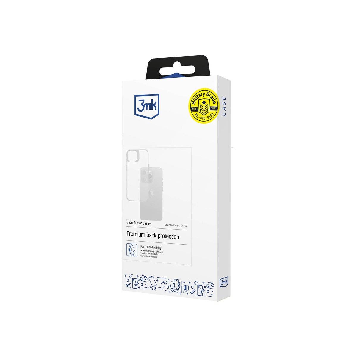 Eine weiße Box für eine Handyhülle mit der Bezeichnung „3mk Satin Armor Case