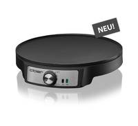 Crêpe-Maker mit einer schwarzen Kochfläche und Einstellrad, mit der Markenbezeichnung 'Cloer'. Ein Schild an der Seite trägt die Aufschrift 'NEU!', was darauf hinweist, dass es sich um ein neues Gerät handelt.