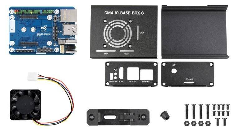 Waveshare Base Board + Gehäuse, Erweiterung für Raspberry Pi CM4, RJ45, HDMI, USB, PCIe, RTC, M.2