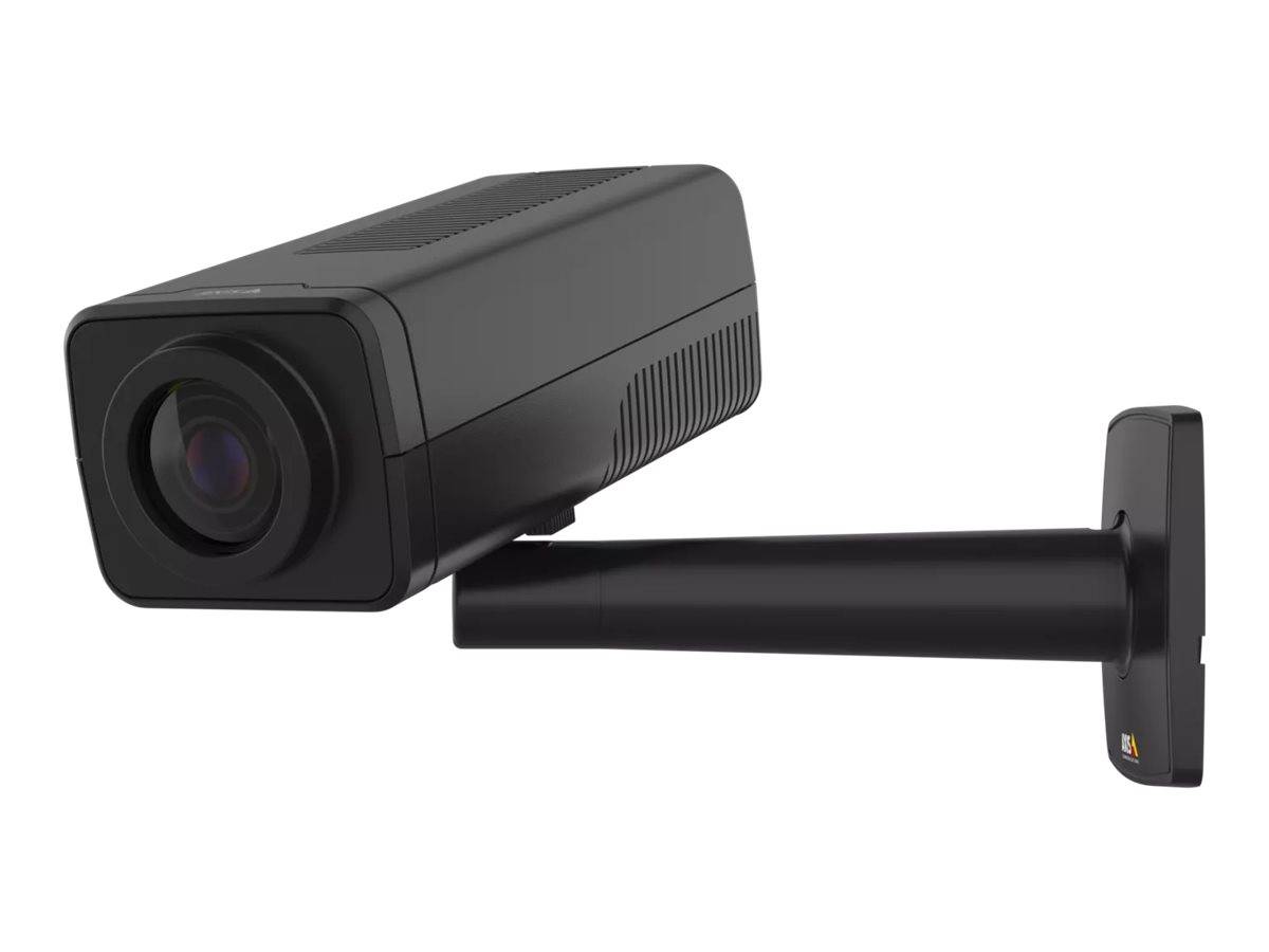 Eine schwarze Überwachungskamera, die auf einem schrägen Halterungswinkel montiert ist und nach links ausgerichtet ist, zur Sicherheitsüberwachung konzipiert.