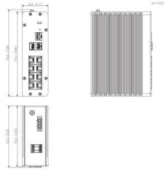 Technische Strichzeichnung eines gefinnten elektronischen Gehäuses, dargestellt von vorne, von der Seite und von hinten mit Bemaßungen in mm/Zoll und Aussparungen für Steckverbinder/Schaltungen.