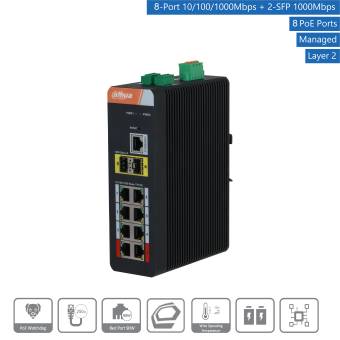 Dahua industrieller verwalteter Layer-2-PoE-Switch mit 8 10/100/1000Mbps-Ports und 2 SFP-1000Mbps-Uplinks.