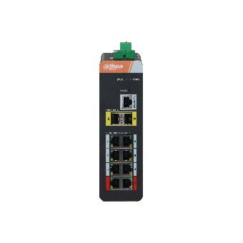 Industrielles Netzwerkgerät mit mehreren Ethernet-Anschlüssen und Glasfasersteckverbindern auf schwarzem Hintergrund.