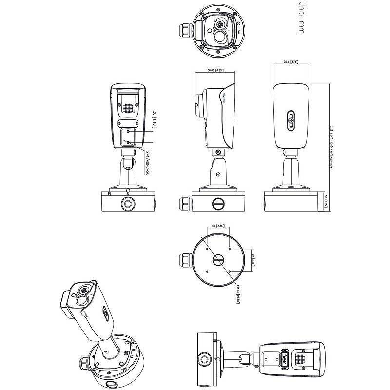 Technische Zeichnung einer Sicherheitskamera aus mehreren Blickwinkeln mit Abmessungen in Millimetern, zeigt Dimensionen und Designdetails.