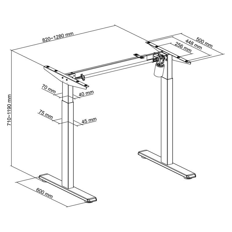 Höhenverstellbarer Schreibtisch Diagramm mit Maßen: Breite 820-1280 mm, Tiefe 600 mm, Höhe 710-1190 mm. Zeigt Details des Gestells und der Tischplatte.