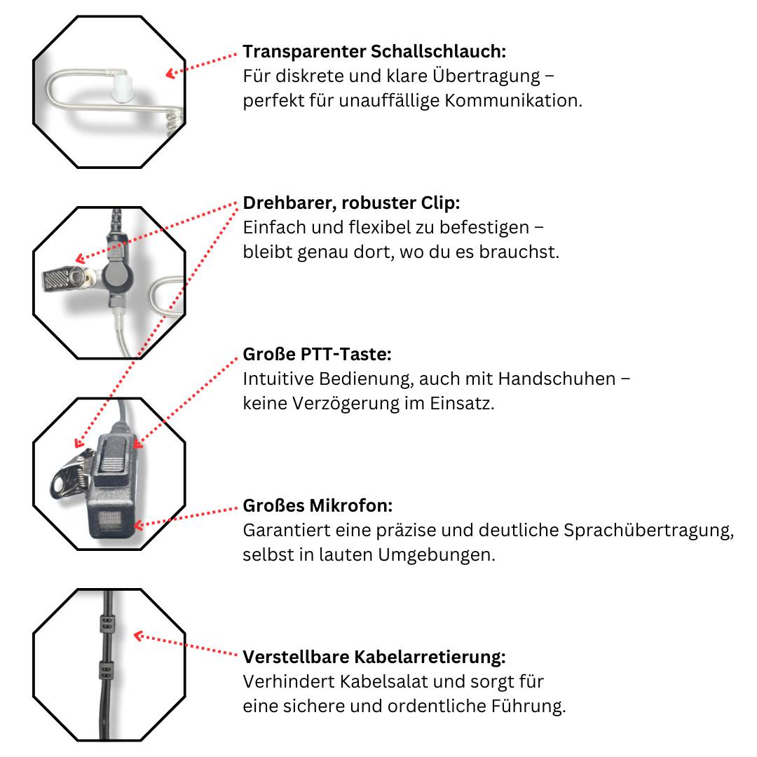 funkKRAFT SecureWave Pro M – Security Headset mit Schallschlauch für Motorola 2-Pin Funkgeräte