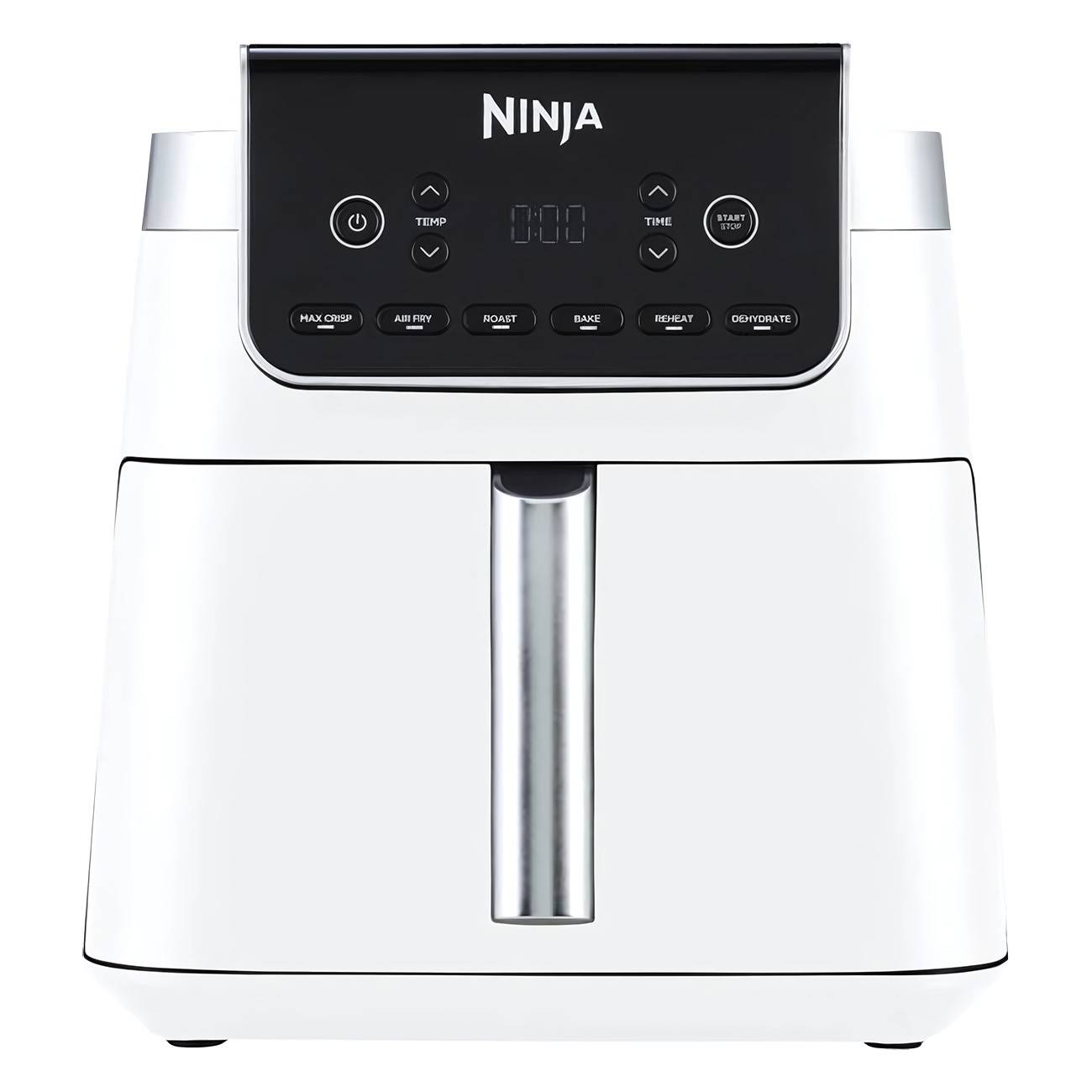 Weißer Ninja-Heißluftfritteuse mit schwarzem Bedienfeld, digitaler Anzeige und vorderer Griff auf einfachem Hintergrund.