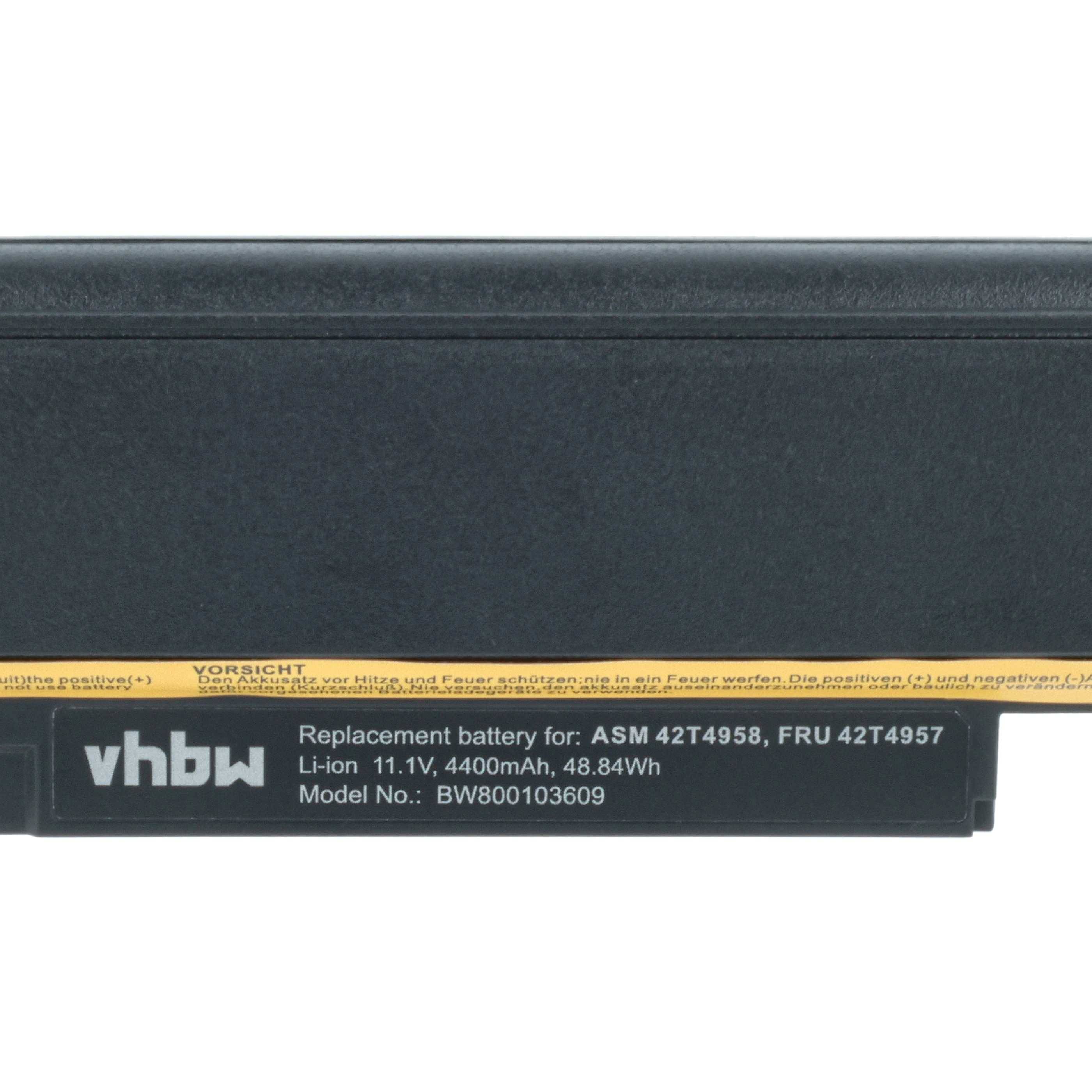 Eine Nahaufnahme eines Laptop-Akkus mit technischen Angaben: „Li-Ion 11,1V, 4400mAh, 48,84Wh; Modellnummer: BW800103609; ASM 42T4958, FRU 42T4957
